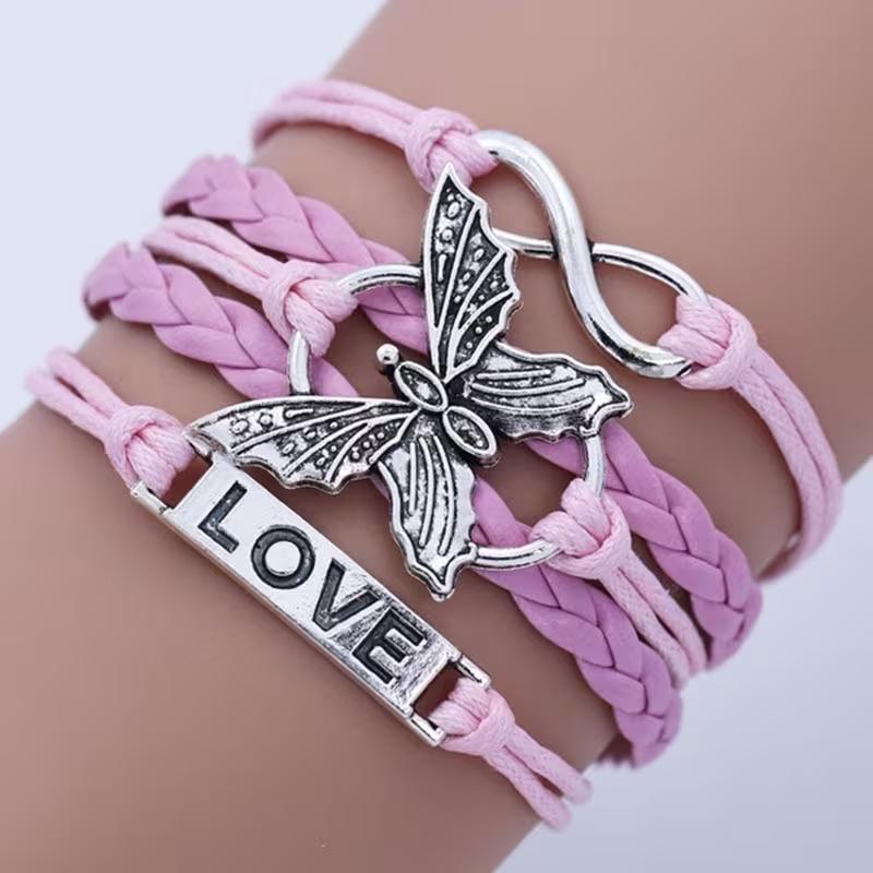 Unisex Retro Multicolor Butterfly Leather Infinity Bracelet
