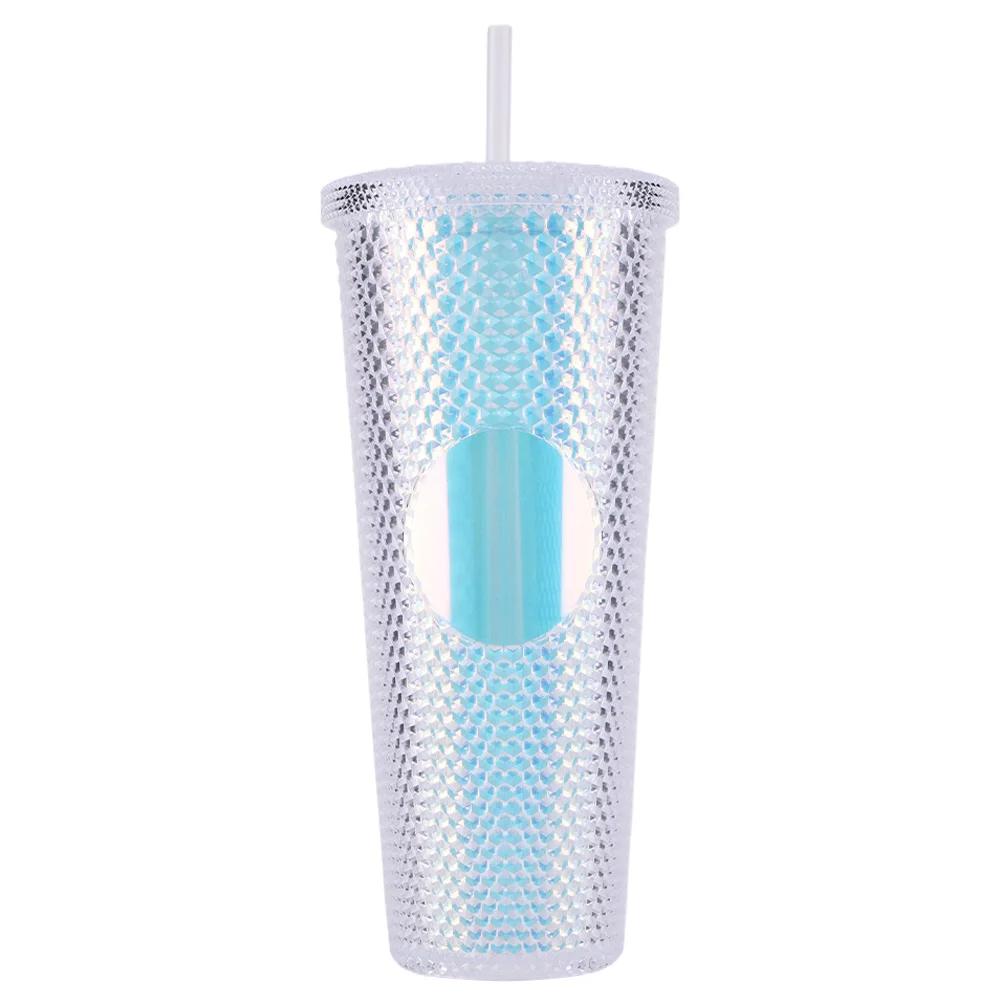 

710ml Plastic Straw Cup Rhinestone Rivet Cup Double-Walled Travel Mug Large Capacity Bubble Tea Cup for Home & Outdoor 1PCS