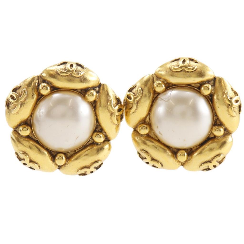 CHANEL COCO Mark Flower Earring vintage Plated Gold/Fake pearl flour 21.6g Women Used