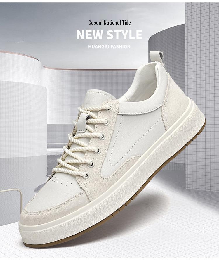 Men's Low-Top Fashionable White Cowhide Sneakers - Large Size Casual Sports Shoes
