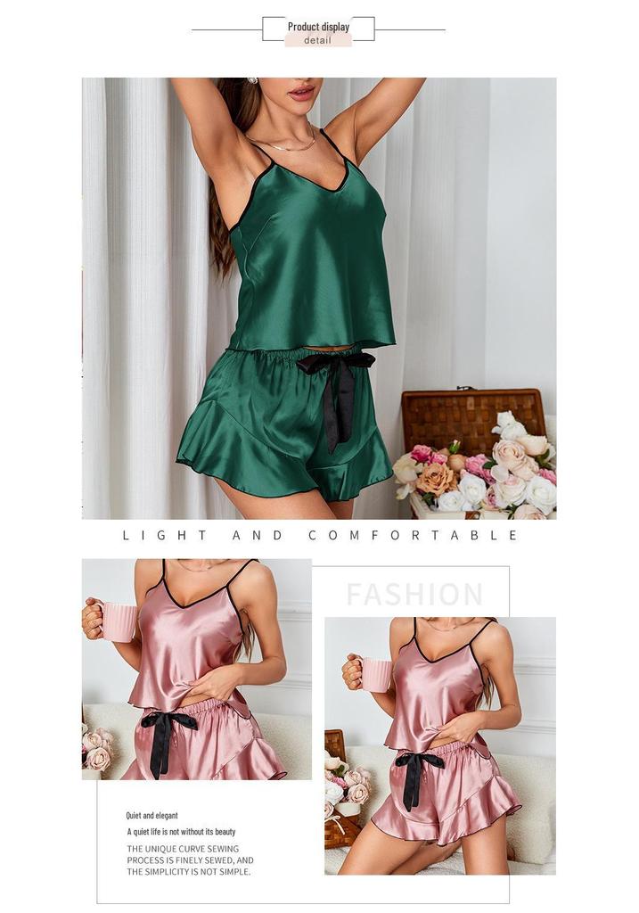 Silk-Feel Camisole Shorts Set: Women's Summer Ice Silk Loungewear Pajamas
