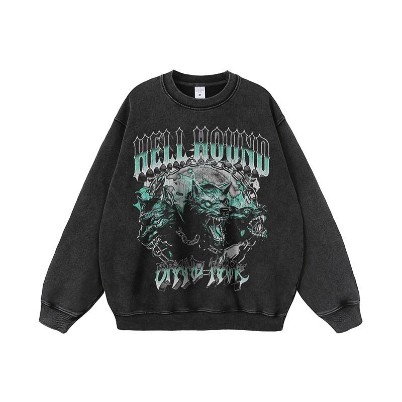 Mens Oversized Washed Distressed Wolf Print Hoodie Streetwear Hip Hop Casual Long Sleeve Cotton Sweatshirt