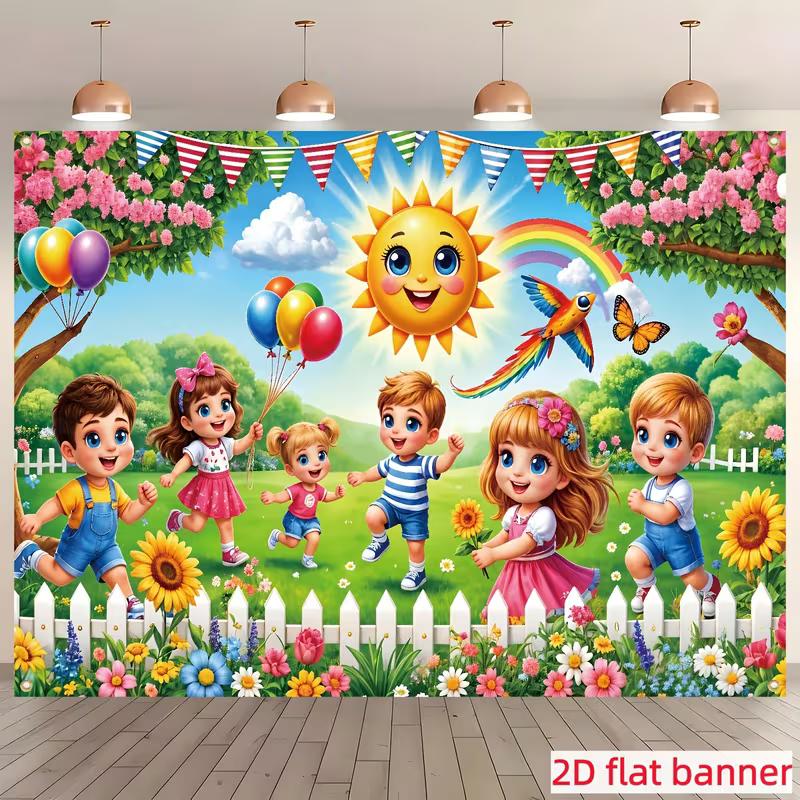 

2D Summer Garden Kids Backdrop, Children Playing with Sun & Rainbow Photography Prop 47.2x31.5inch/120*80cm