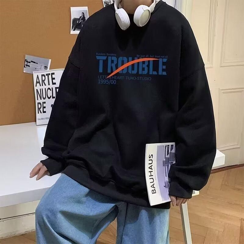 Men's Printed Hoodie Round Neck Hooded Sweatshirt Trendy Brand Casual Hoodies Loose Long Sleeved Pullover Base Shirt