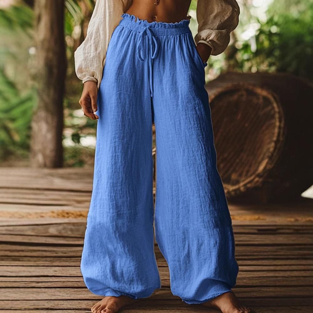 Women's High Waist Drawstring Wide Leg Pants Loose Fit Casual Trousers Multi Colors