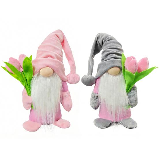 Valentine's Day Plush Gnome with Pink Tulips Spring Stuffed Gnome Doll for Tiered Tray Fireplace Table Decor Gifts for Her Wife Teacher Girls