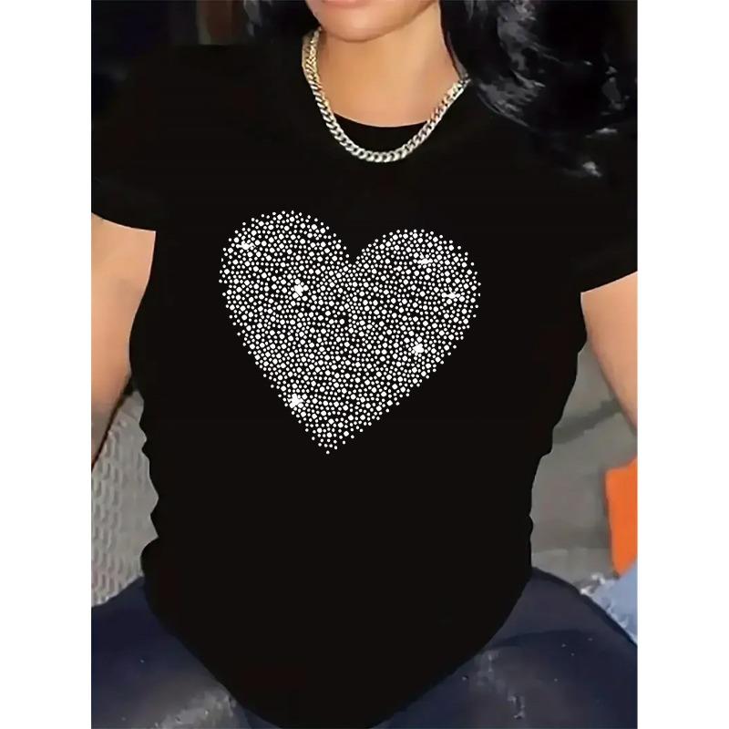 European Size Lightweight And Durable Short-Sleeve Round-Neck Casual Top Featuring a Shiny Heart Print for Women, Designed In Black