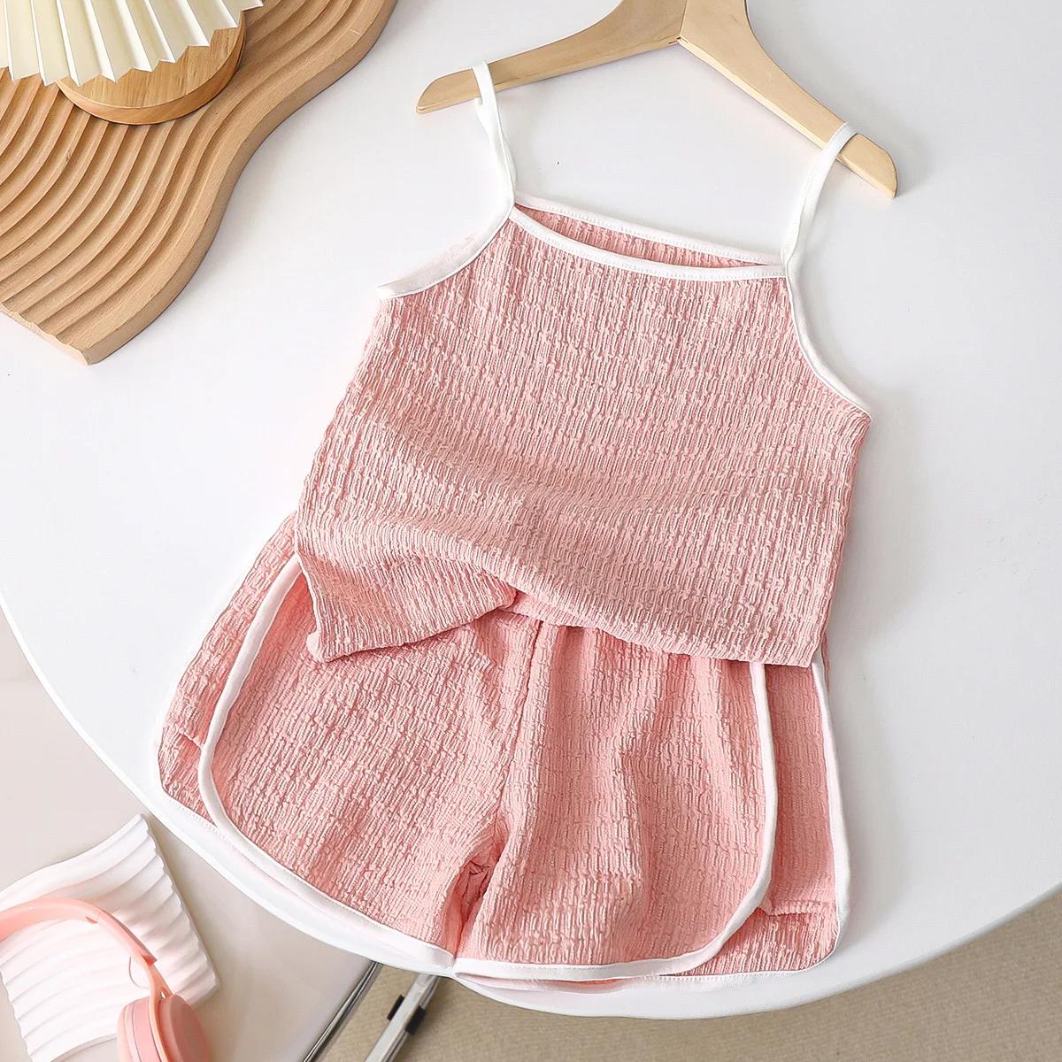 New Girls Vest Sets Summer Baby Thin Style Shorts Girls Clothes Children Clothing Set Kids Casual Sets for Children 12M 80 розовый