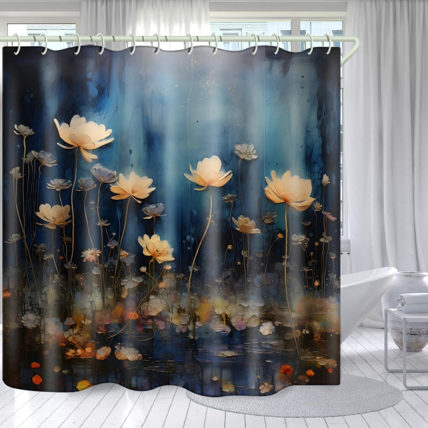 

Bathroom Decoration 3D Colorful Flower Oil Painting Shower Curtains,Hook Accessories Bathtub Shower Curtain, Waterproof Shower W60H190(CM)-1 Pcs
