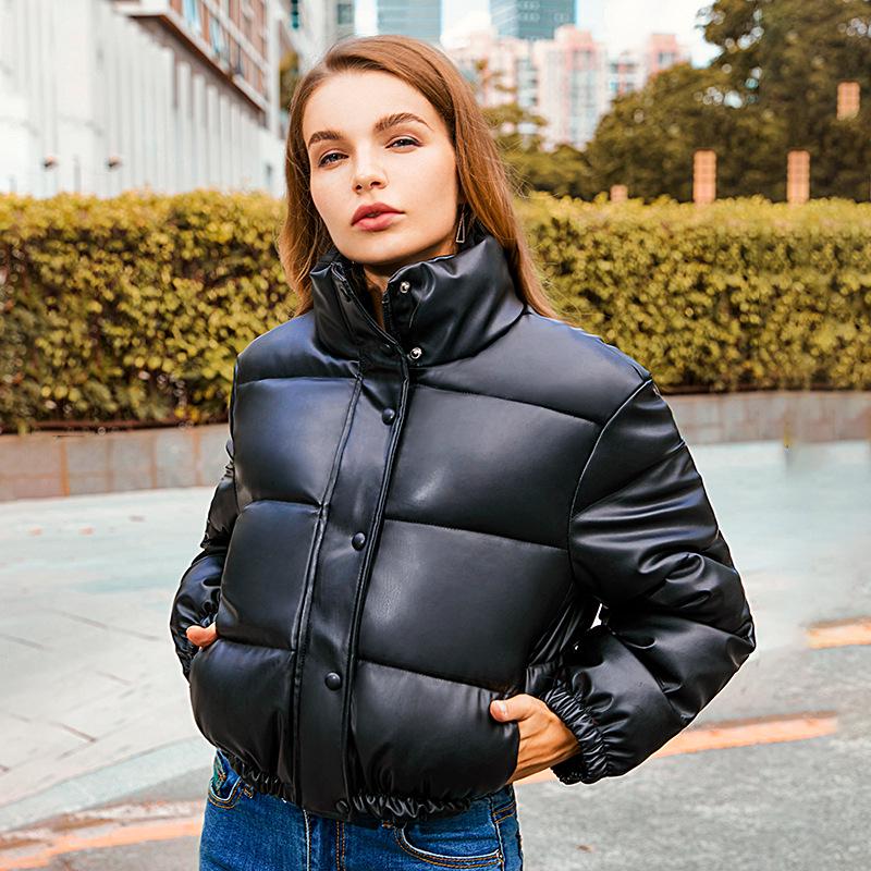 Women's Autumn/Winter Stand-up Collar Short Cotton-padded Leather Jacket - European & American Style