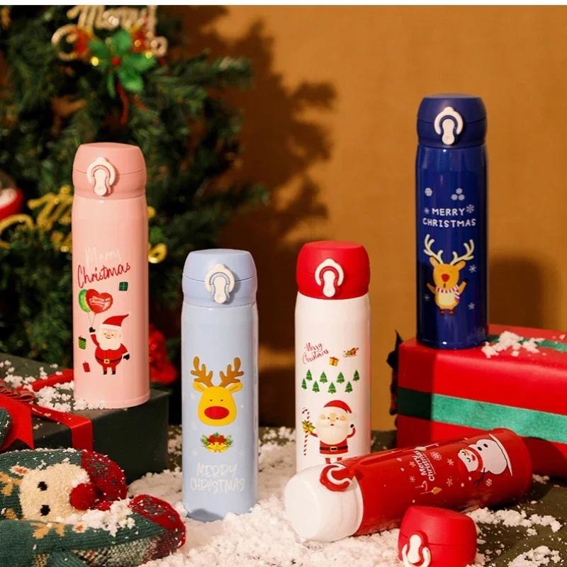 500ml Christmas Thermos Cup Stainless Steel Vacuum Water Bottle Cartoon Santa Claus Snowman Vacuum Flasks Water Bottle Xmas Gift