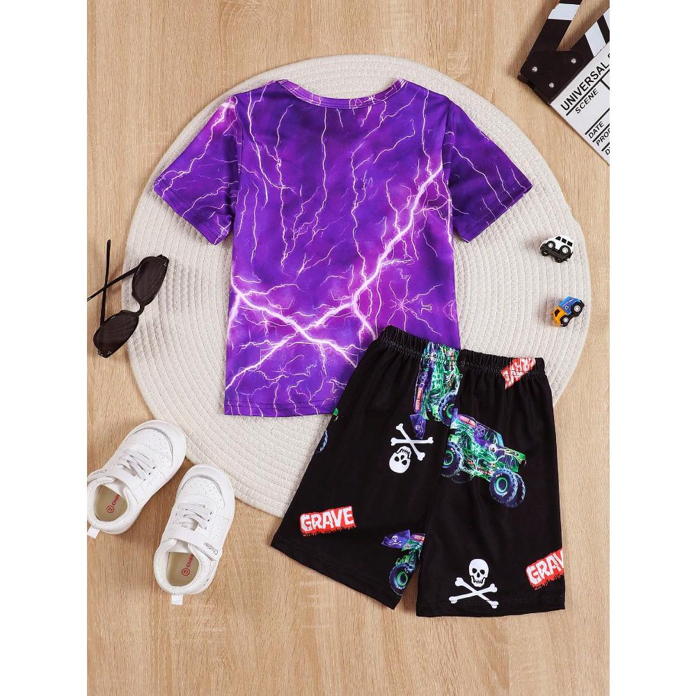 Boys Summer Clothing - Cartoon Car Print Short Sleeve Top and Shorts, Stylish, Casual, Comfortable
