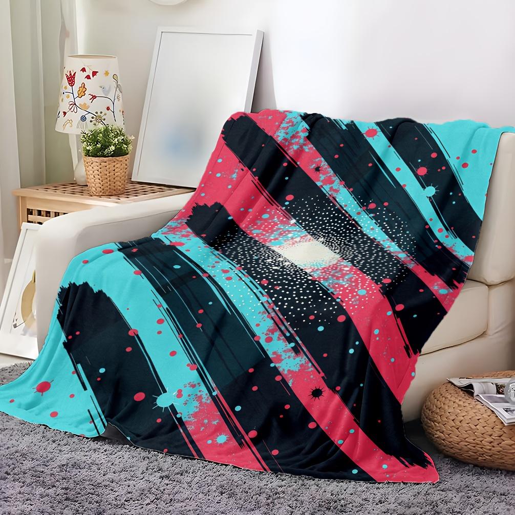 1pc Abstract Art Throw Blanket - Soft Flannel All-Season Cozy Blanket with Black/Red/Blue Color Block Design, 100% Polyester, Ma