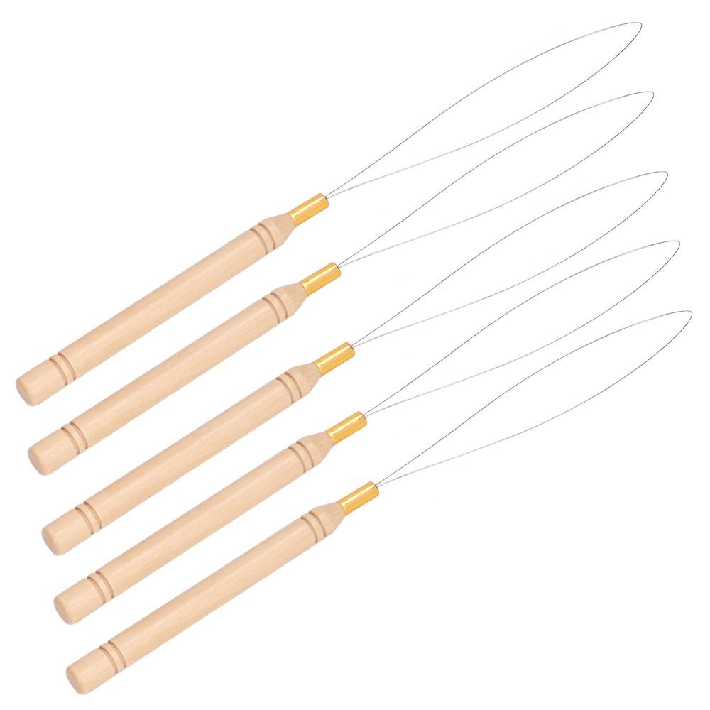 10Pcs Anti-Slip Handle Pulling Hook Tool Beech Wood Handle Micro Ring Threader  For Hair Extensions