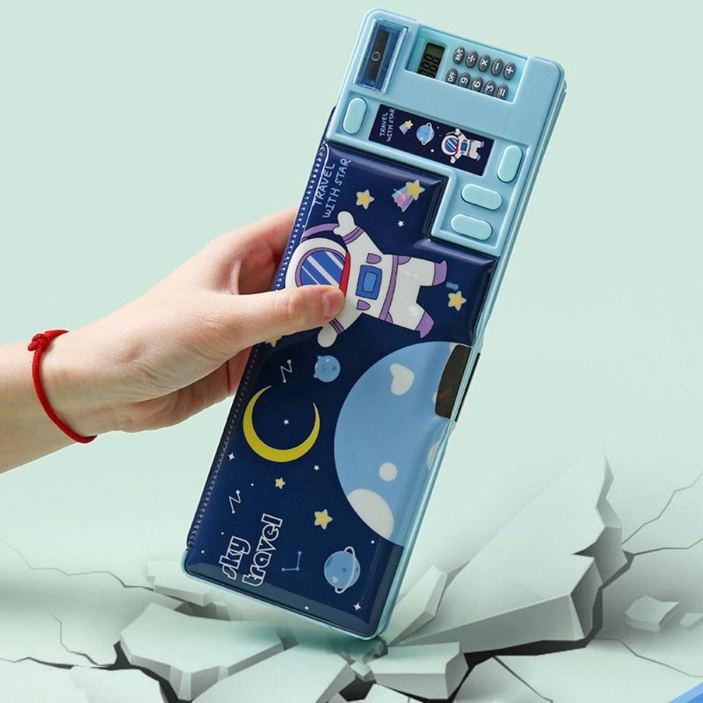 Plastic Pencil Case With Calculator/Pencil Sharpener Fun Mechanism Design Pencil Box Double Sided Use Multi-Functional Pen Bag