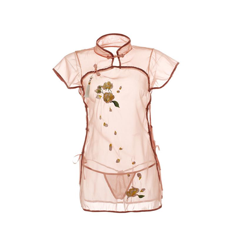 Sex Underwear Passion Perspective Temptation Classical Stand-up Collar Cheongsam Retro Embroidery Split Fork Sexy Hollow Pajamas