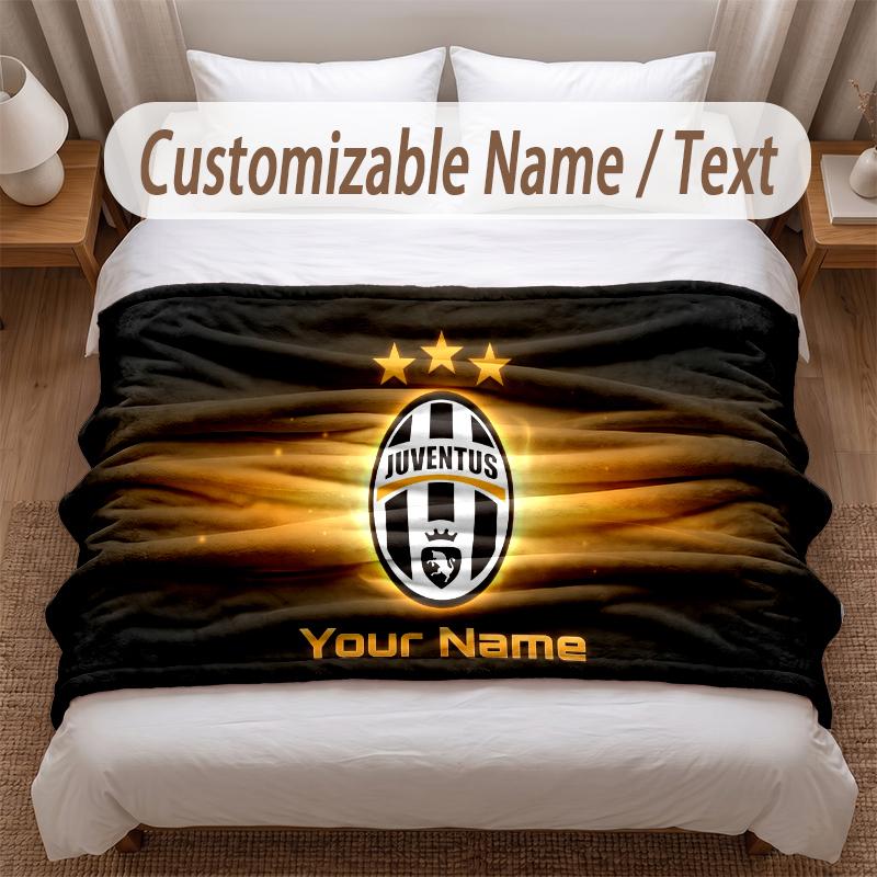 Juventus FC Printed Flannel Blanket Custom Name Text Soft Warm Throw For Bedroom Holiday Gift