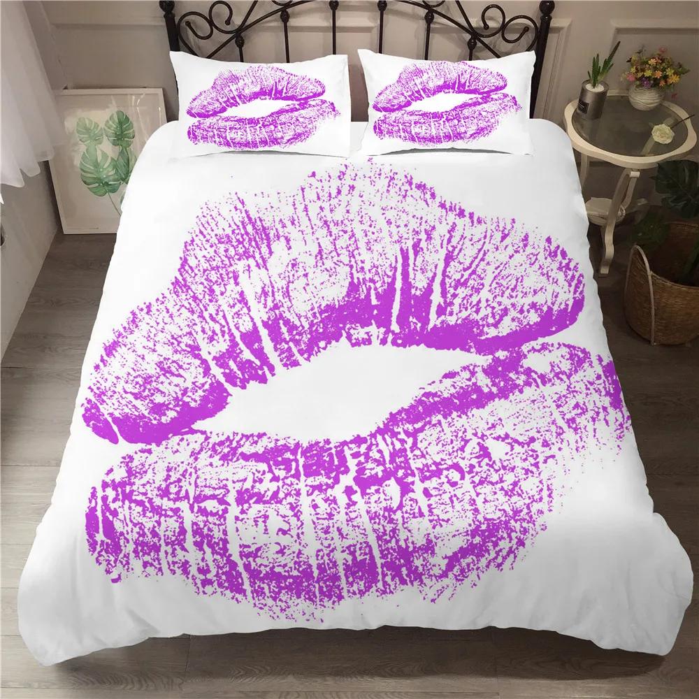 Rote Lippen Königin King Bettbezug 3D Sexy Lippen Himbeere Bettwäscheset für Mädchen Frauen Kuss Pink Weich 2/3-teilig Bettdeckenbezug Kissenbezug