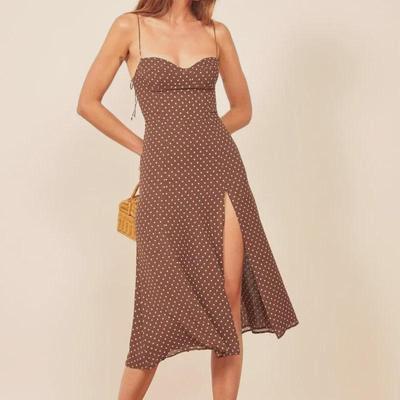 Women's Summer French Polka Dot Midi Dress with Side Slit and V-Neck Spaghetti Straps