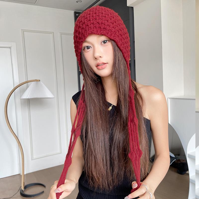 

Warm Ear protecting Woolen Hat Autumn and Winter Hand Knitted Hollow Baotou Hat Women s Ethnic Style Tassel Pullover Knitted Hat One Size