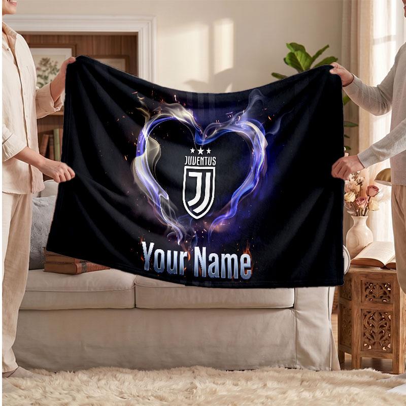 Juventus FC Personalized Fleece Blanket With Football Logo, Custom Name Text Soft Warm Home Throw Blanket