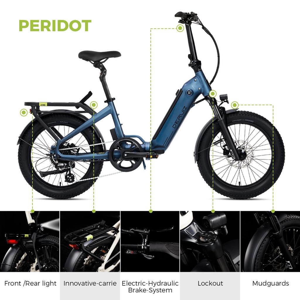 Electric Bicycle DERUIZ Foldable E-Bike  2.0 Peridot 20", 48V 500Wh Battery, 8-Speed, Hydraulic Brakes, Max Range 150 KM