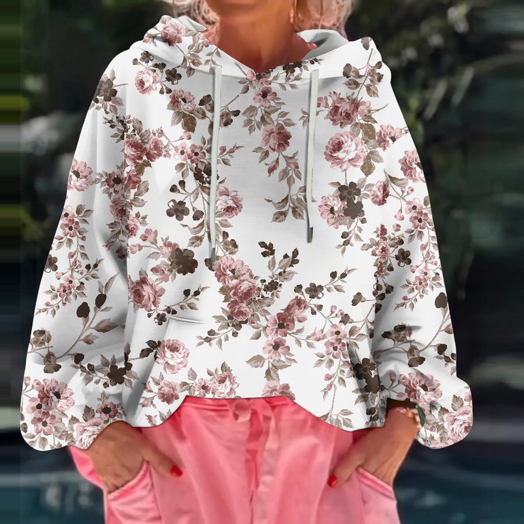 Women's Floral Print Loose Casual Long Sleeved Hooded Sweatshirt