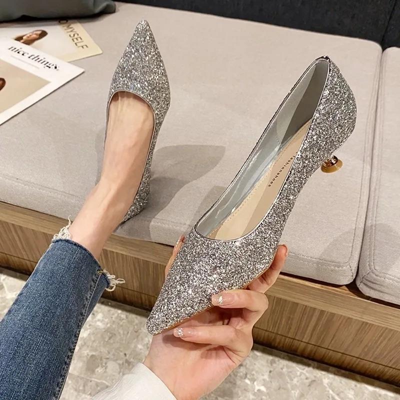 Women s Heeled Shoes 2026 New Style Fashion Versatile Sequined Women s Spring and Autumn Comfortable Pointed-toe Shoes Zapatos 34 серебряный