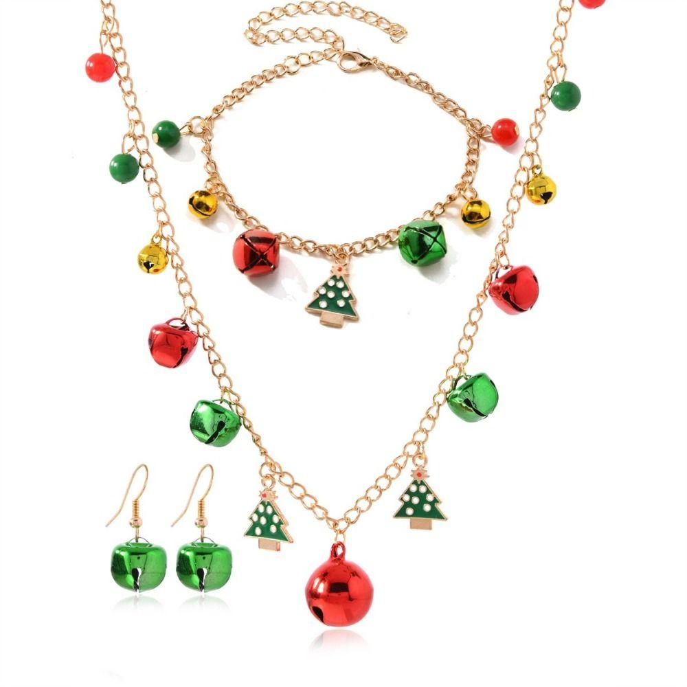 3pcs/set Color Collision Christmas Tree Bell Bracelet Bow Christmas Tree Charm Necklace  Gift