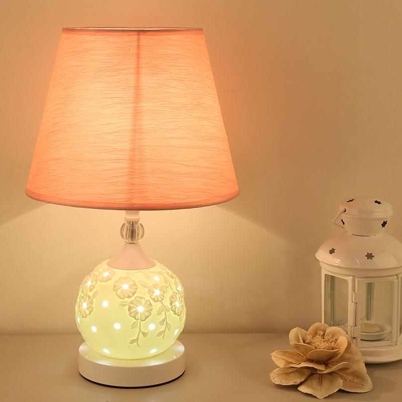 European Style Ceramic Bedside Lamp: Fashionable, Dimmable Night Light with Fabric Shade for Bedroom or Study.