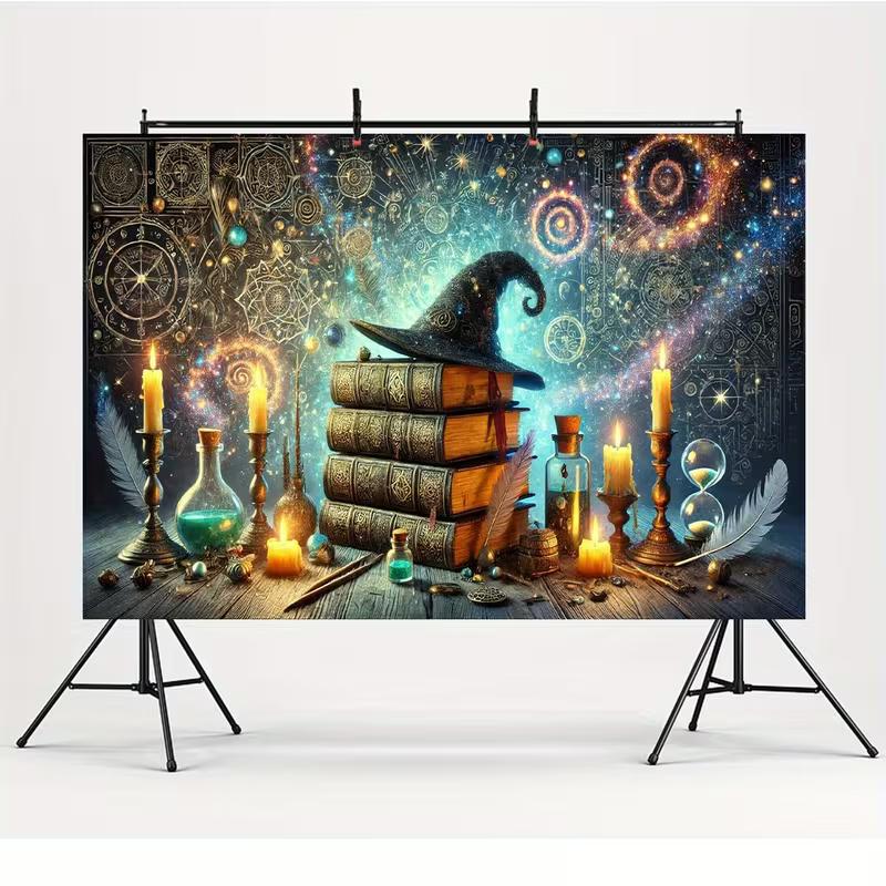 2D Mystical Magic Backdrop, Wizard Hat, Spell Books & Alchemy Symbols Party Background