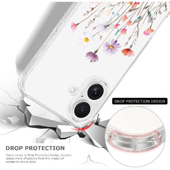 Floral Clear Case for iPhone 16 for Women Girls,Cute Flowers Design Phone Cover,Slim Soft Transparent Drop Proof Pretty Flower Print Pattern TPU