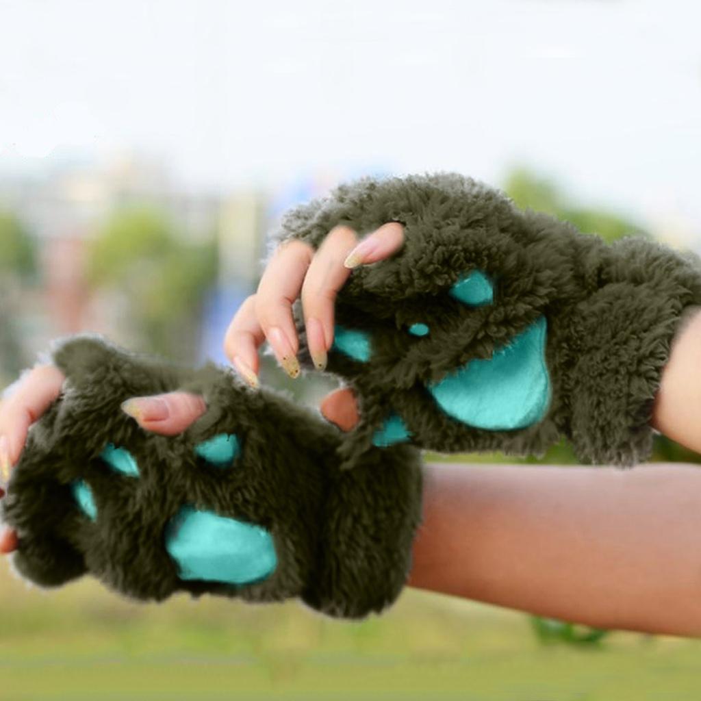 Cute Cat Claw Gloves Women Girls Thickened Plush Mittens Lovely Bear Paw Exposed Fingers Half Finger Winter Warm Hand Warmer
