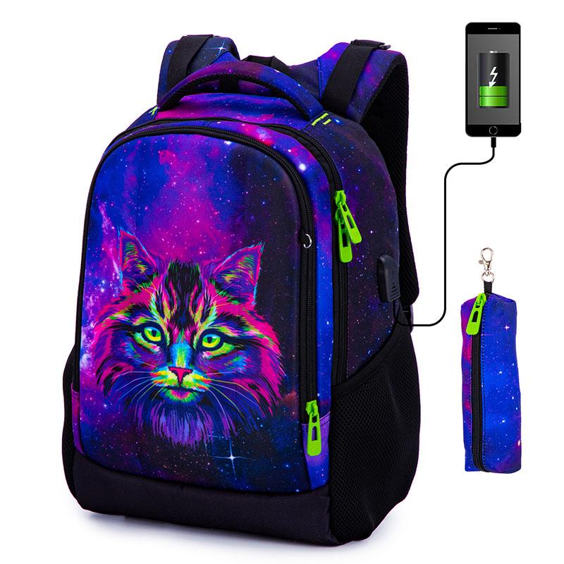 Dziecięca ortopedyczna tornister z portem ładowania USB Wielofunkcyjne plecaki Dziewczęce 3D Cat Animal Prints Kids Bookbag