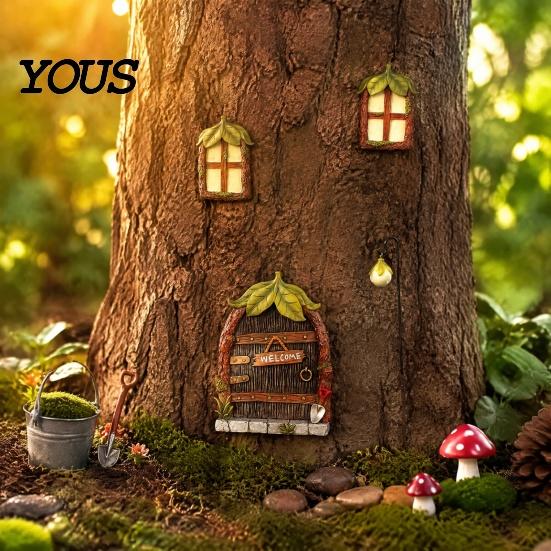 Micro Landscape Fairy Sets 1 Set Door Windows And Lamp, Garden Accessories, Miniature Decor Glow In The Dark Gnome House for Yard Tree Decoration