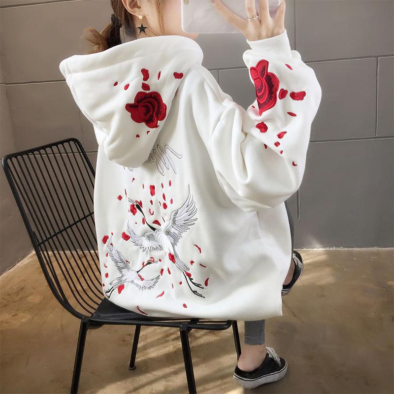 Autumn Embroidery Warm Hoodie Sweatshirt Women New Loose Coat Sweatshirt Outwear Hoodies Tops Clothes Hooded Tops Elegant Female Sweatshirts