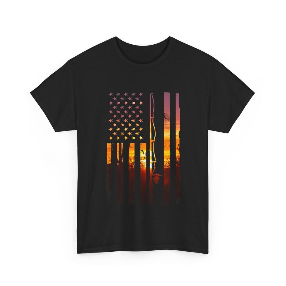 Fishing Shirt, Fishing American Flag Sunset Fishing Season Lover Fisherman Shirt