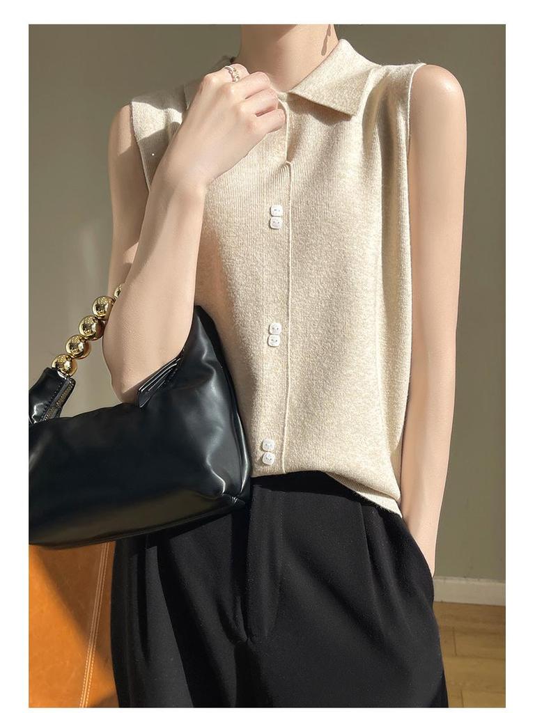 Women's Wool Knit Lapel Collar Sleeveless Base Layer Vest