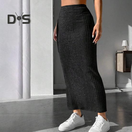 Women Fall Winter Skirt High Waist Knitted Elastic Thick Warm Ankle Length Striped Slim Fit Soft Sheath Lady Maxi Skirt