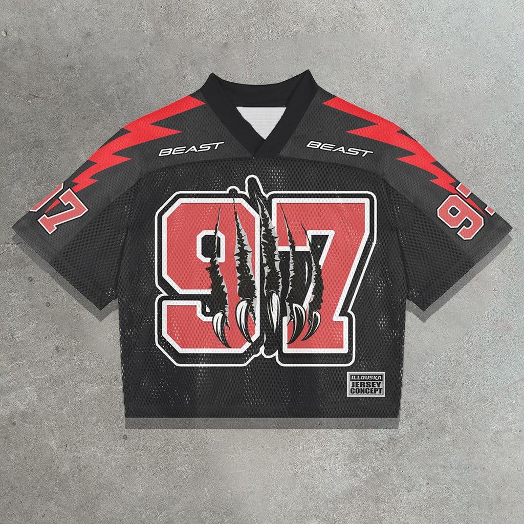 Maglietta americana Y2K, stile Harajuku, hip hop, moda, maglia da football, streetwear, vintage, casual, traspirante, con giunture, ampia, manica corta