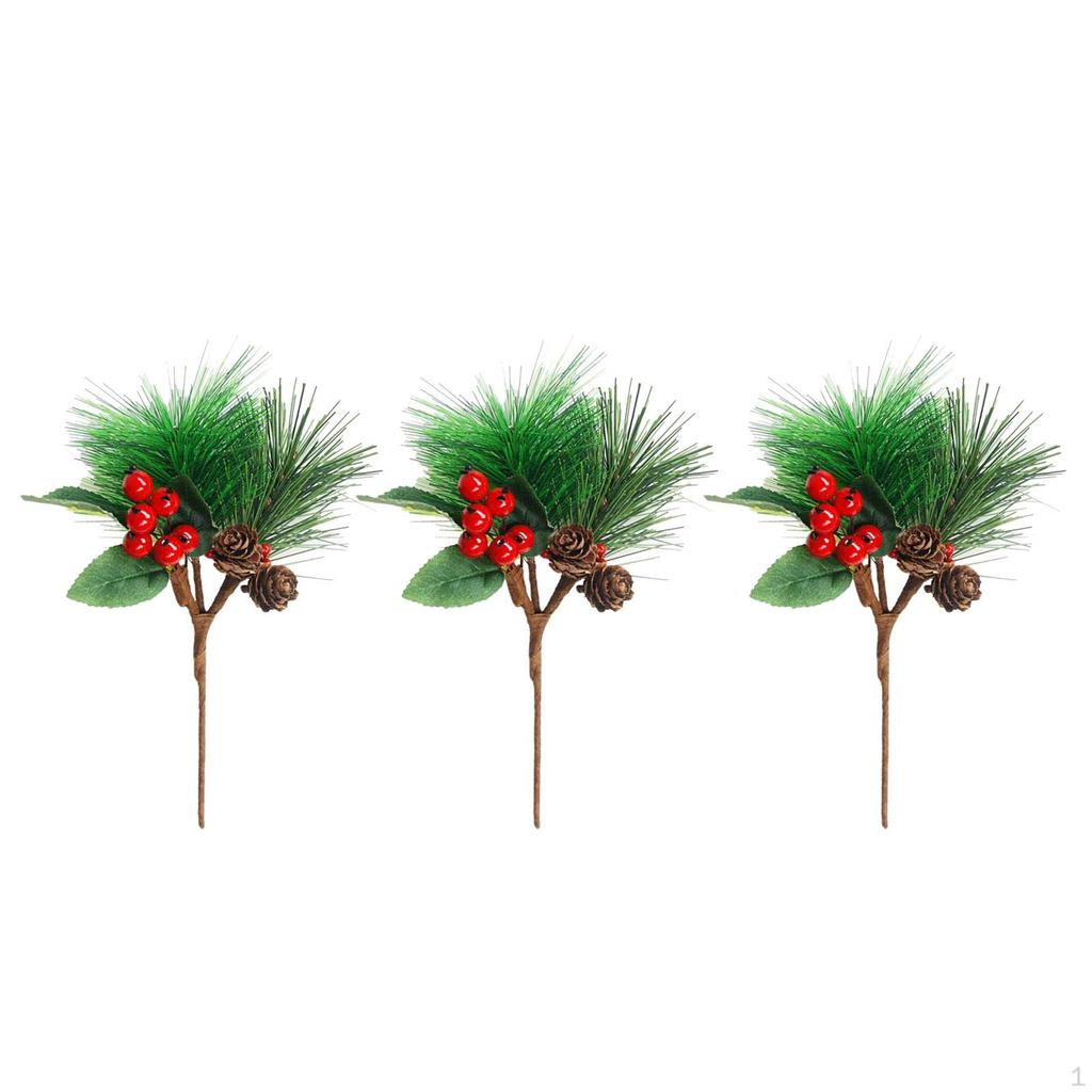 3pcs Branches, 16cm Floral Picks Holly Stems Christmas Artificial Pine Wreaths Home
