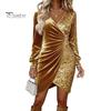 Long Sleeve Velvet Dress Women Sequin Wrap Mini V Fall Neck Ruched Bodycon Glitter Party Cocktail Club Shimmering