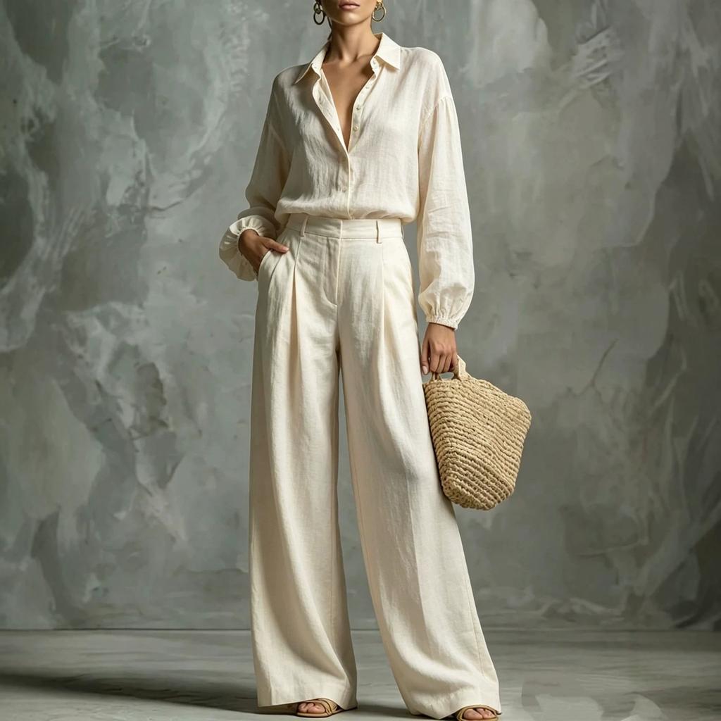 1116 New European and American Spring and Autumn Women's Fashion Solid Color Casual Shirt Top Wide-Leg Pants Two-Piece Set