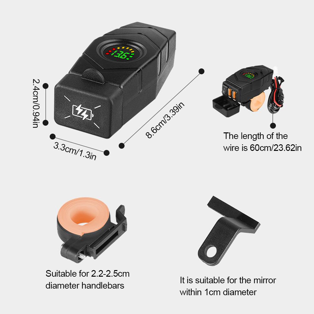 36W Motorcycle Dual USB Charger Handlebar QC3.0 Fast Charging Waterproof 12V Phone Socket Adapter With Voltmeter Display Accessories