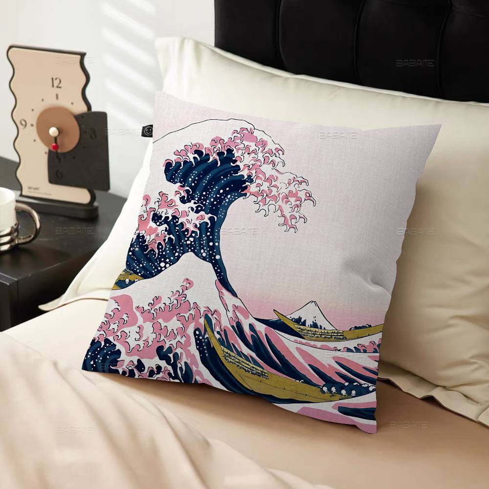 The Great Wave Off Kanagawa Art Pillow Covers Cartoon Sofa Decorative Home Double-sided Printing Short Plush Cute Cushion Cover