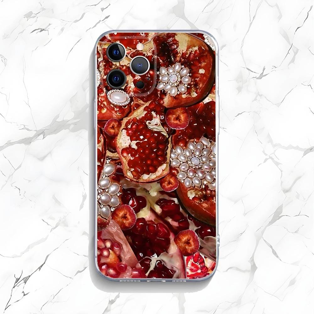 Gold Pink Pomegranate Art Phone Case For iPhone 16,15,14,13,12,11 Pro,Max,Plus,X,XS,XR,SE,Mini Transparent Silicone Soft
