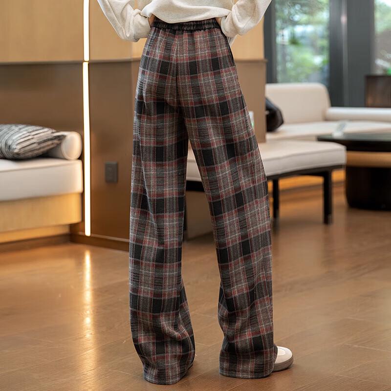 Women's Wide-Leg Plaid Drawstring Casual Pants