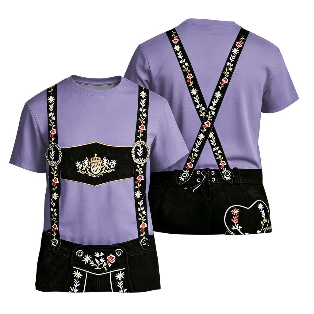 Men's Oktoberfest Short Sleeve T Shirt Vintage Texture Print Loose Fit Casual Summer Daily Wear Top with Embroidered Suspenders Design