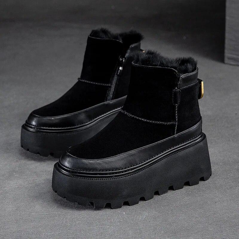 Johnature Thick Sole Snow Boots With Plush Warm Side Zipper Versatile Retro Solid Color Women's Shoes