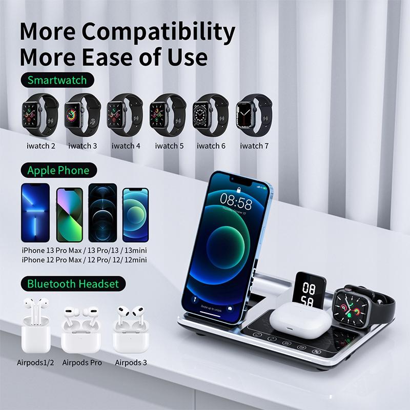 R11 Multifunctional 4 in 1 Wireless Charger Folding Portable Charging Station with Digital Display,White Light,Time Function
